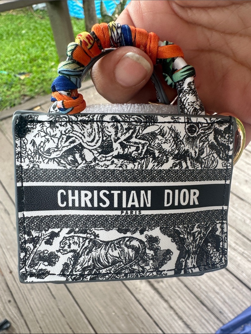 Dior Black & White Toile Micro Bag Charm with Multicolor Twill Handle - Picture 2 of 3
